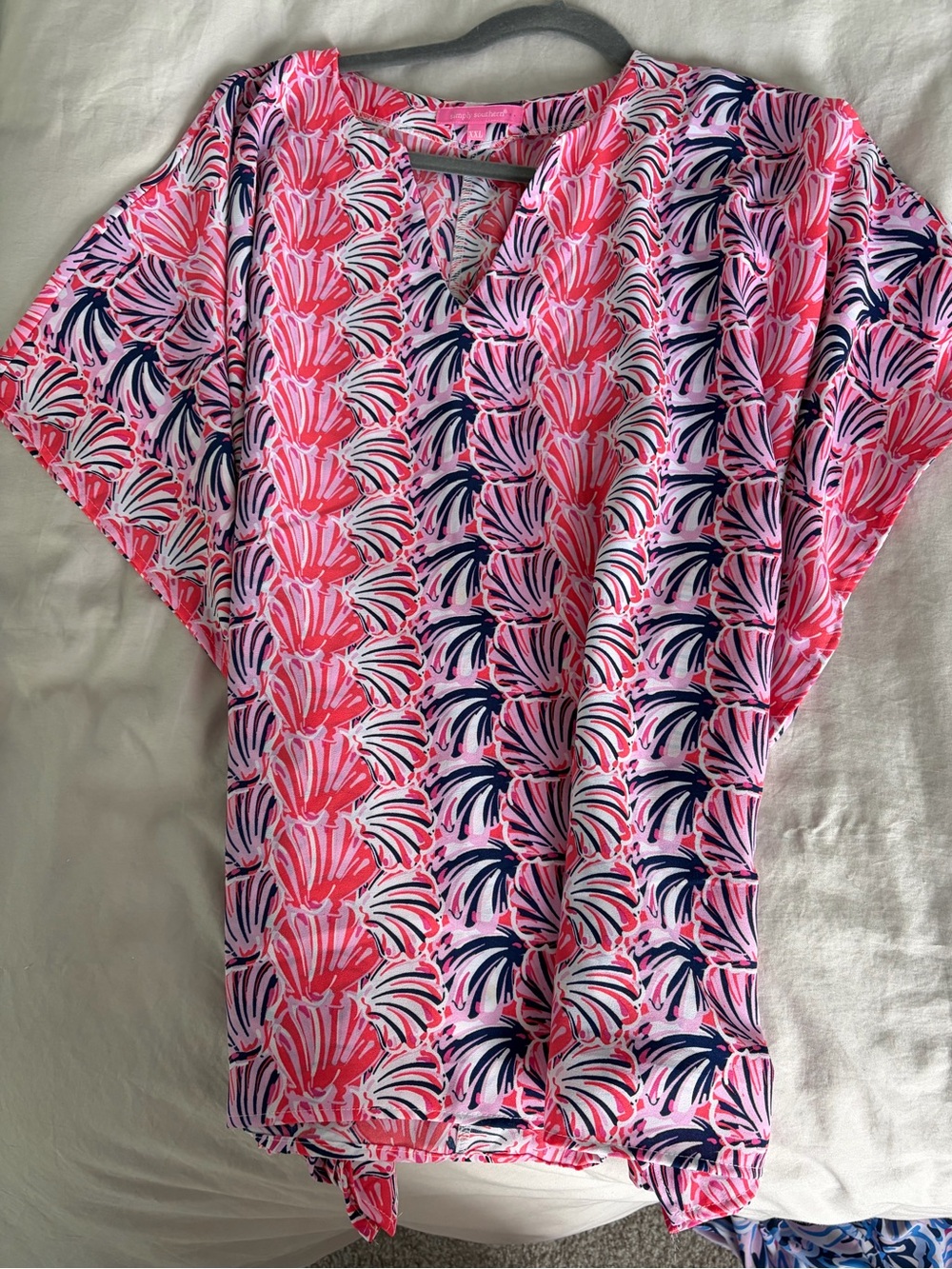 2 Simply Southern Pink and Navy Shell-Print Short Sleeve V-Neck tops.